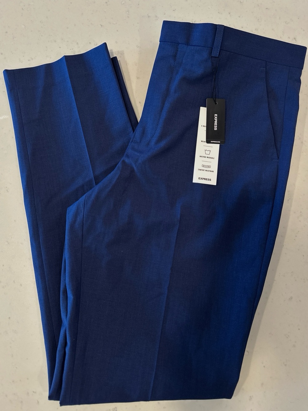 NWT Express Slim Trouser Pants 34x36 Blue 4-way Stretch Dress Pants Office Golf